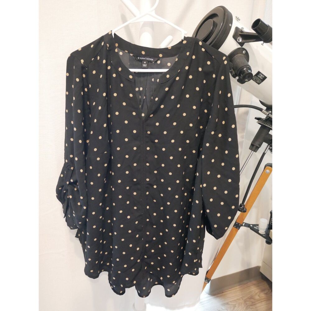 41 Hawthorn Black Beige Polka Dot Long Sleeve Blouse Plus Size 3X